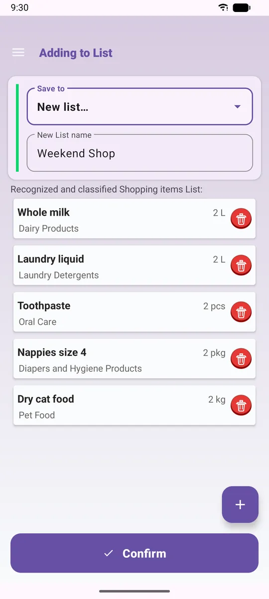 Draft list recognised from one sentence: milk, laundry liquid, toothpaste, nappies and cat food, each with an amount and category