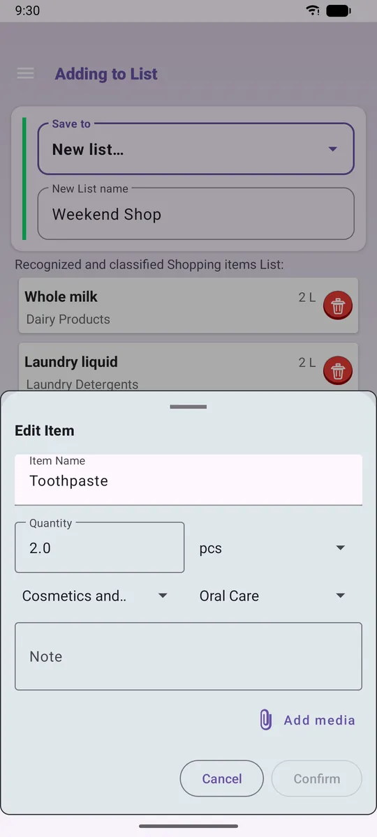 Editing a drafted item: name, quantity, unit, category, subcategory and note